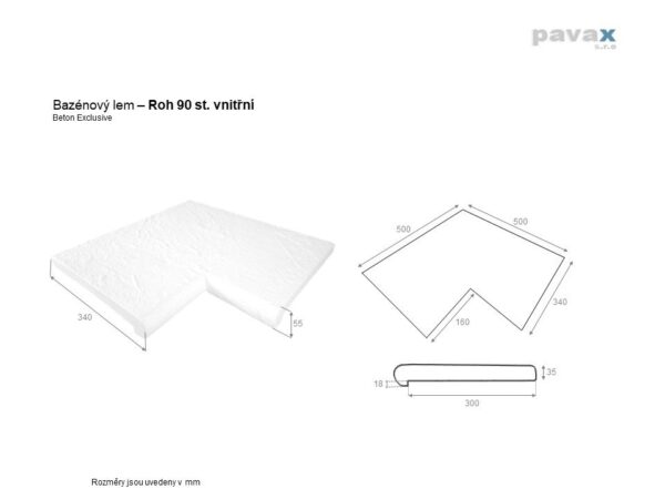 Tech. nákres bazénový lem Roh 90st. vnitřní beton Exclusive