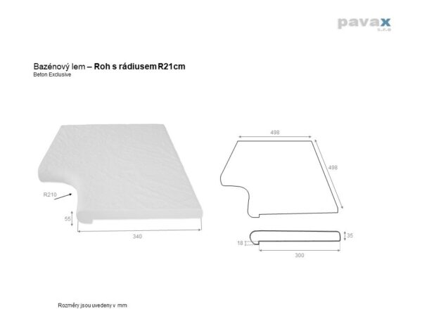 Tech. nákres bazénový lem roh s rádiusem R21 cm beton Exclusive